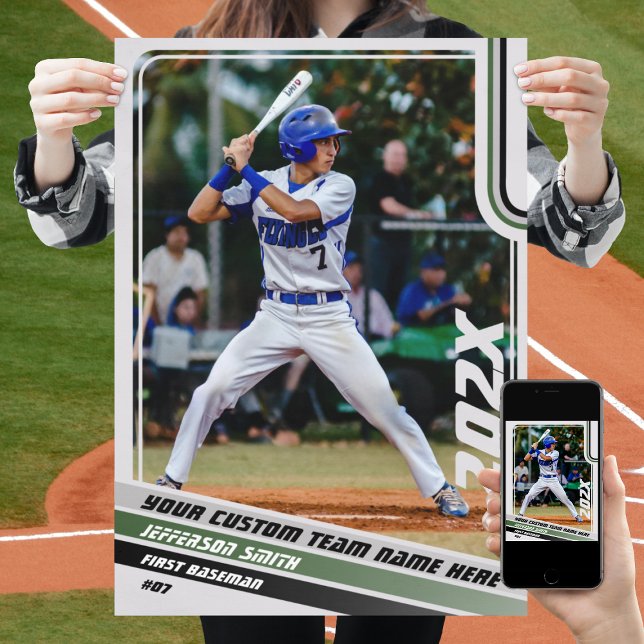 Baseball Player Custom Gift in Grey Green Poster (Baseball Player Poster in Light Grey with Custom Team Name and Grey Green Stripes)