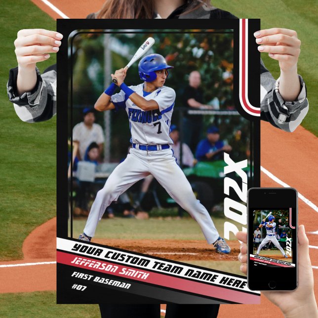 Baseball Player Custom Gift in Red Poster (Baseball Player Poster in Black with Custom Team Name and White Red Stripes)