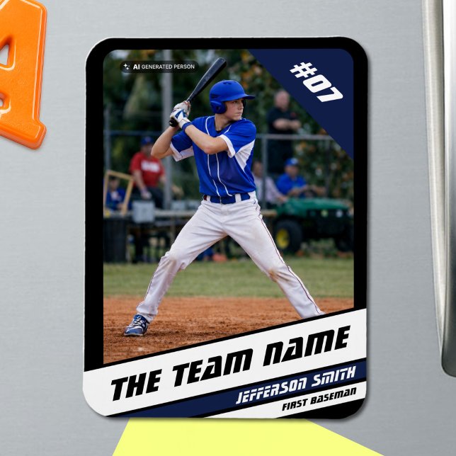 Baseball Player Customisable Black Blue Magnet (Baseball Player Magnet in Black with Custom Team Name and White Blue Stripes)