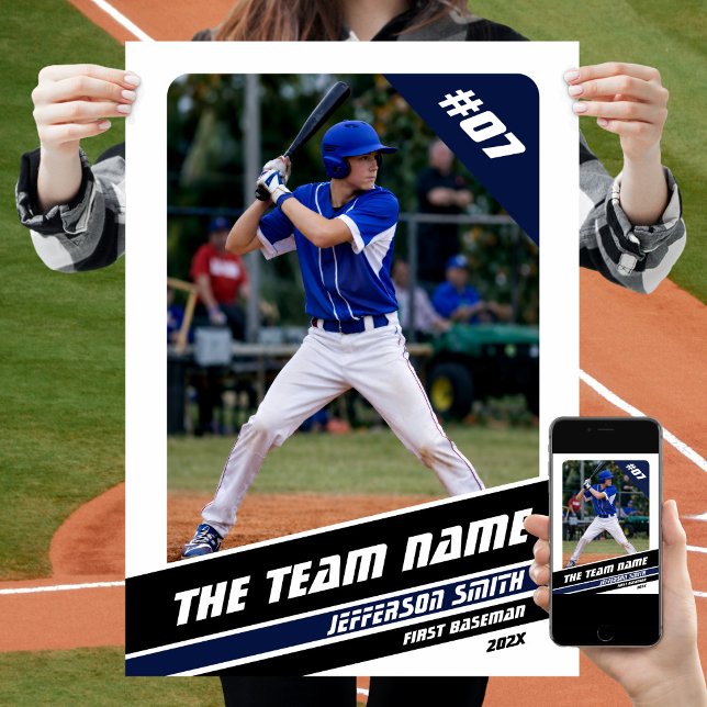 Baseball Player Customisable Gift in White Blue Poster (Baseball Player Poster in White with Custom Team Name and Black Blue Stripes)