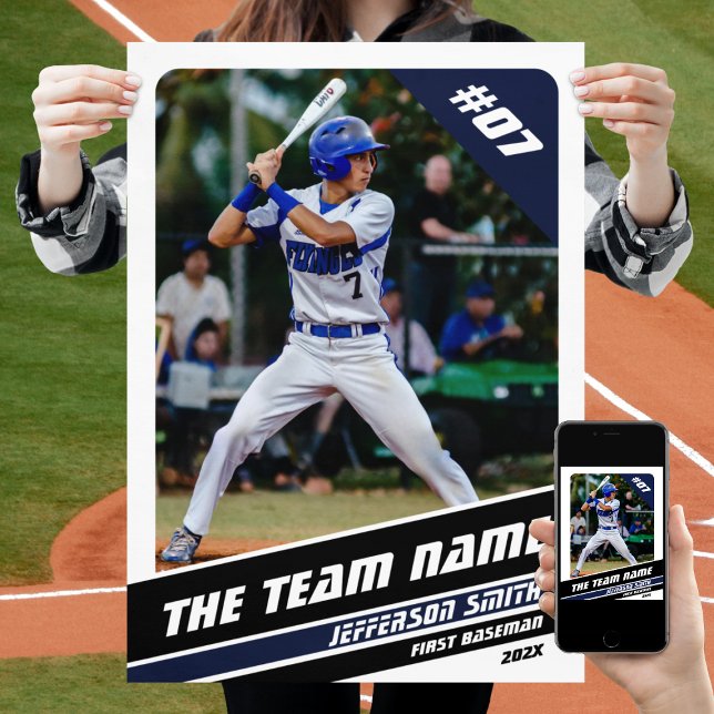 Baseball Player Customisable Gift in White Blue Poster (Baseball Player Poster in White with Custom Team Name and Black Blue Stripes)