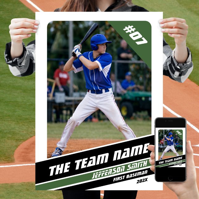 Baseball Player Customisable Gift in White Green Poster (Baseball Player Poster in White with Custom Team Name and Black Green Stripes)