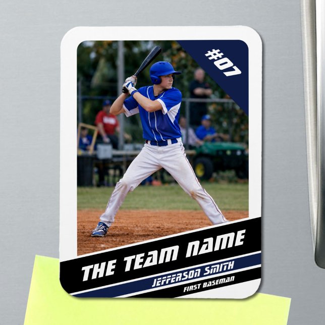 Baseball Player Customisable White Blue Magnet (Baseball Player Magnet in White with Custom Team Name and Black Blue Stripes)