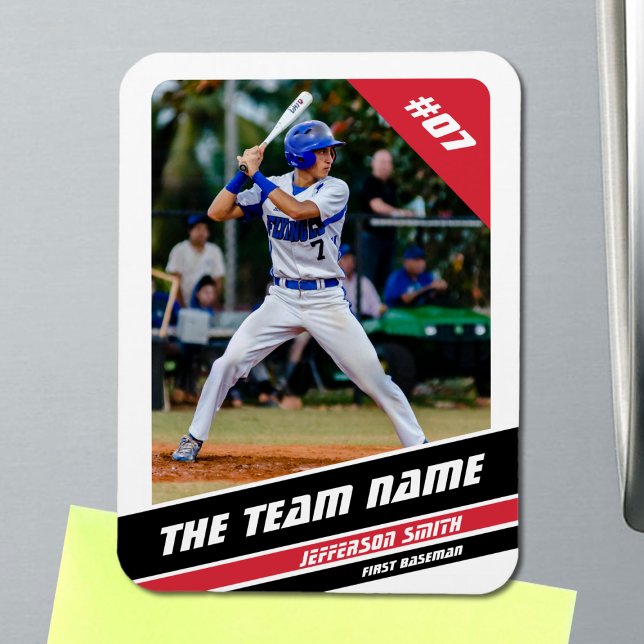 Baseball Player Customisable White Red Magnet (Baseball Player Magnet in White with Custom Team Name and White Red Stripes)