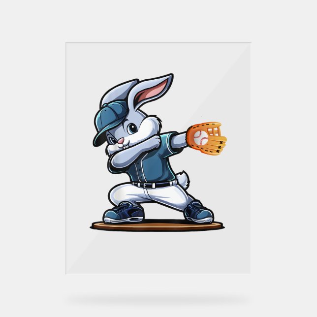 Baseball Player Easter Bunny Tee Happy Easter Holi Acrylic Sign (Front)