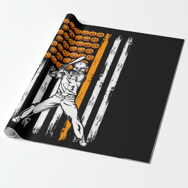 Baseball Player Fan Gift Skeleton Halloween Wrapping Paper (Unrolled)