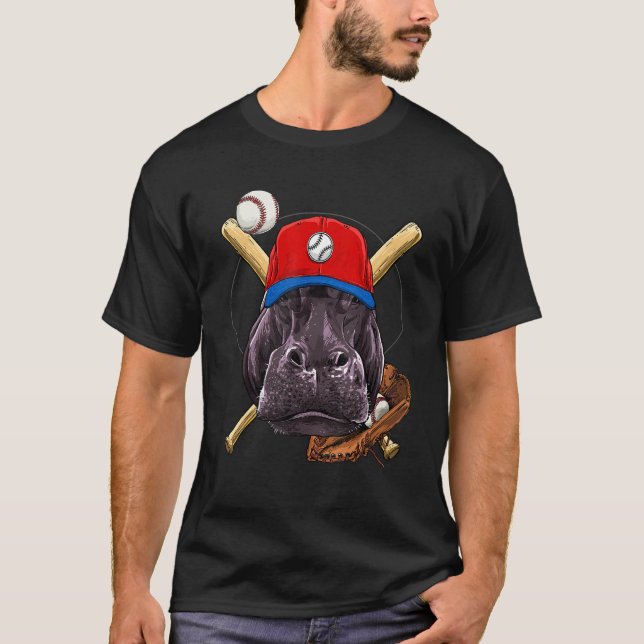 Baseball Player Hippopotamus Pitcher Catcher Baseb T-Shirt (Front)