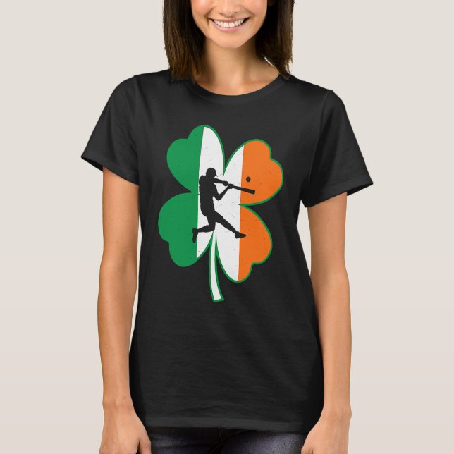 Baseball Player Lucky Shamrock Ireland Flag St Pat T-Shirt (Front)