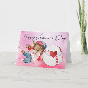 Baseball player on Valentine's Day watercolor Card