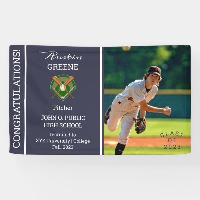Baseball Player Photo Blue Graduation Banner (Horizontal)