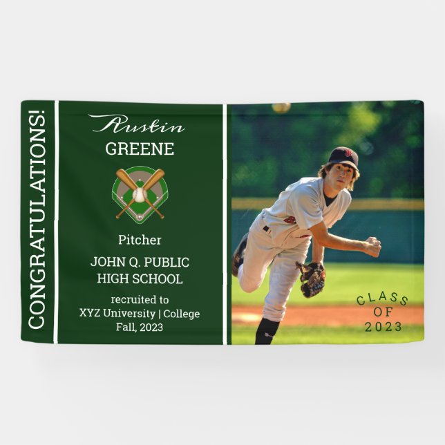 Baseball Player Photo Green Graduation Banner (Horizontal)