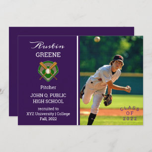 Baseball Player Photo Purple Graduation Invitation