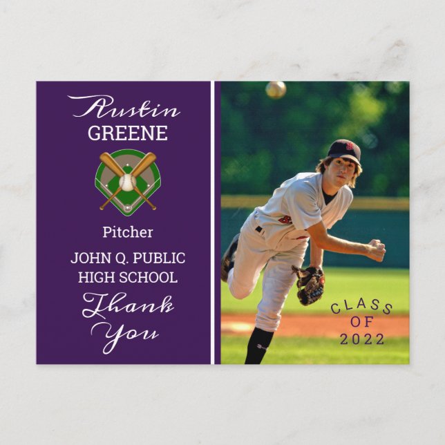 Baseball Player Photo Purple Graduation Thank You Postcard (Front)