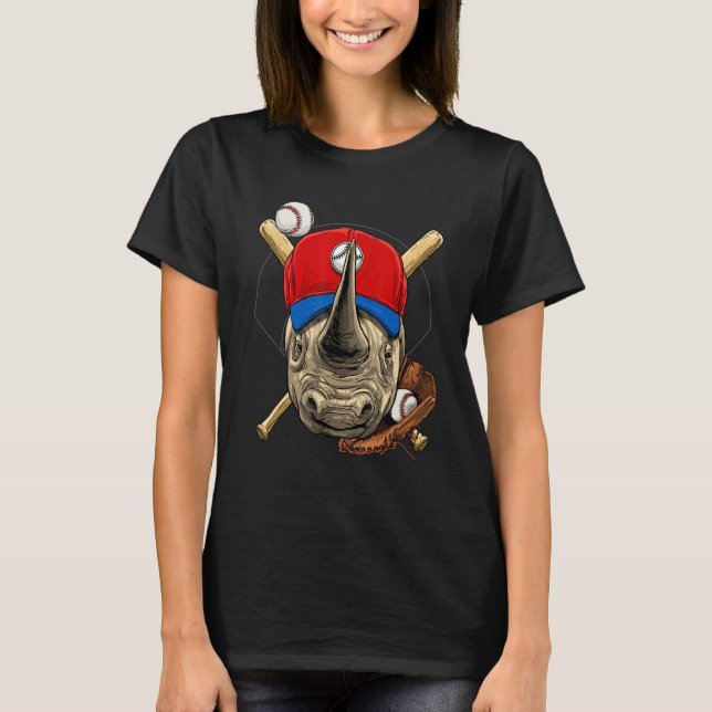 Baseball Player Rhinoceros Pitcher Catcher Basebal T-Shirt (Front)
