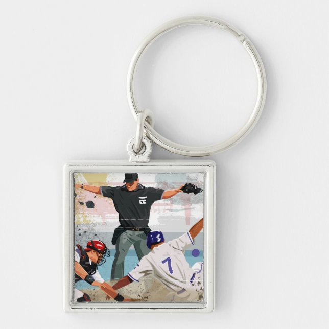 Baseball player safe at home plate key ring (Front)