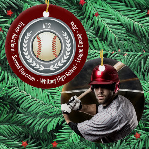Baseball Player School Silver Gray Red Photo Ceramic Ornament
