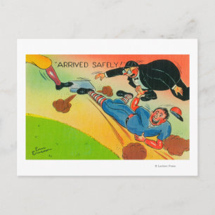 Baseball Player Sliding to Base, Arriving Postcard