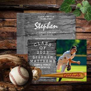 Baseball Player Sports Rustic Photo Graduation Invitation