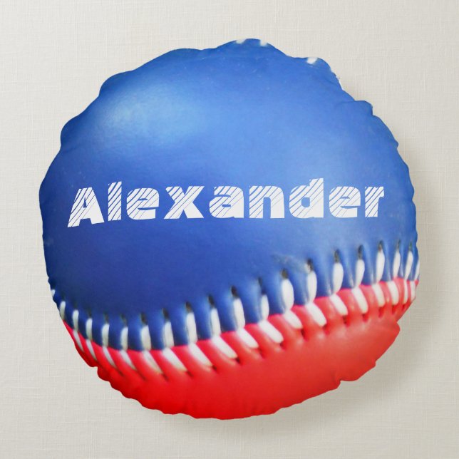 Baseball player team name number  Red White Blue Round Cushion (Back)