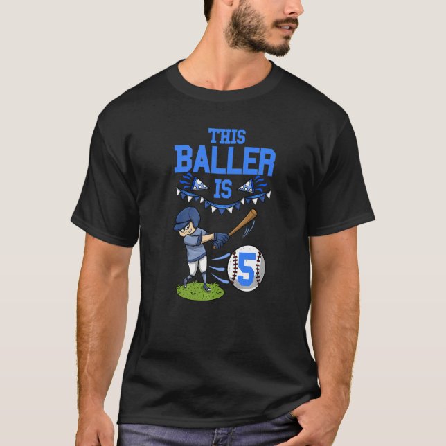 Baseball Player This Baller Is 5 Birthday Baseball T-Shirt (Front)