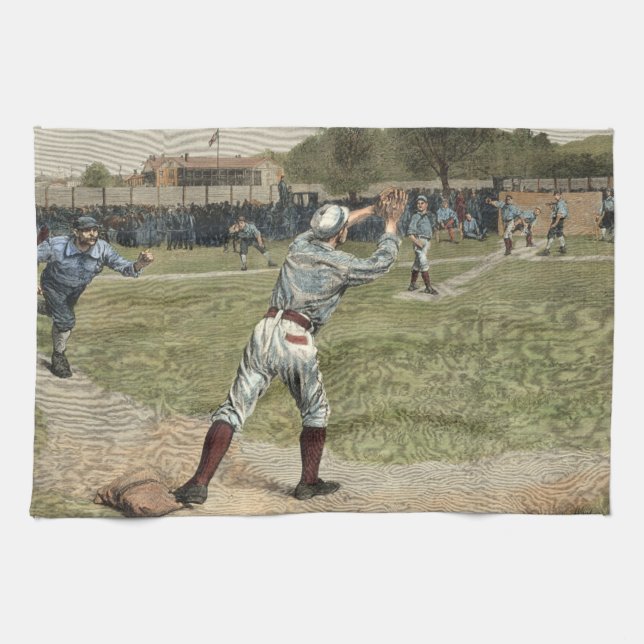 Baseball Player Thrown Out at Second Base Tea Towel (Horizontal)