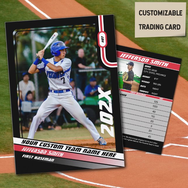 Baseball Player Trading Card Custom Red Gift  (Baseball Player Trading Card in Black with Custom Team Name and Red White Elements)