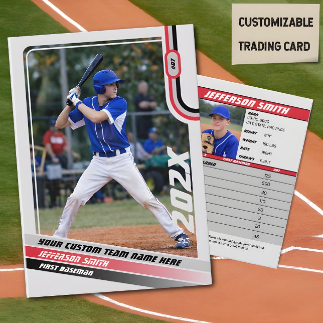 Baseball Player Trading Card Custom Red Grey (Baseball Player Trading Card in Light Grey with Custom Team Name and Red and Black Elements)