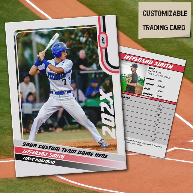 Baseball Player Trading Card Custom Red Grey (Baseball Player Trading Card in Light Grey with Custom Team Name and Red and Black Elements)
