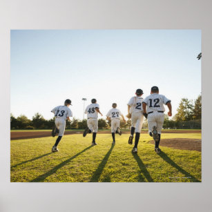 Baseball players (10-11) running on baseball poster