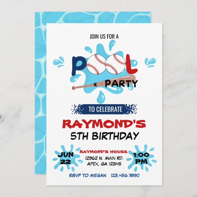 Baseball Pool Party Birthday  Invitation (Front/Back)