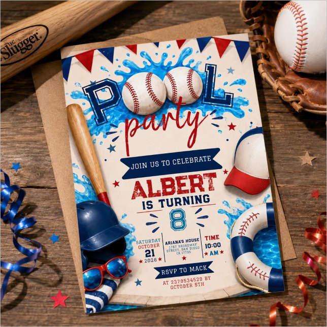 Baseball Pool Party Birthday Invitation Template (Creator Uploaded)