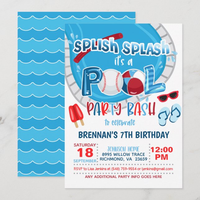 Baseball Pool Party Invitation - Boy - Wh (Front/Back)
