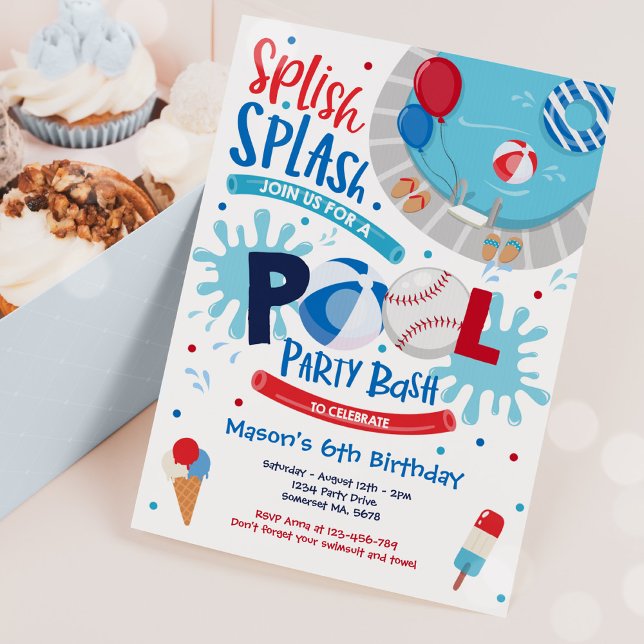 Baseball Pool Party Splish Splash Pool Birthday  Invitation (Creator Uploaded)
