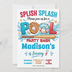 Baseball Pool Swimming Party Boy Birthday Invitation