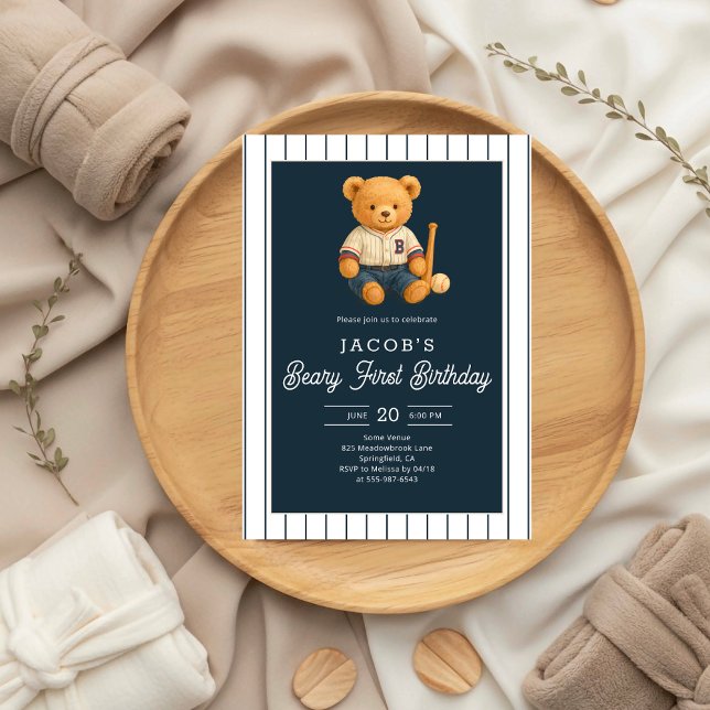 Baseball Preppy Bear 1st Birthday Invitation (Creator Uploaded)