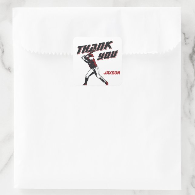 Baseball Red Black Birthday Party Thank You Square Sticker (Bag)