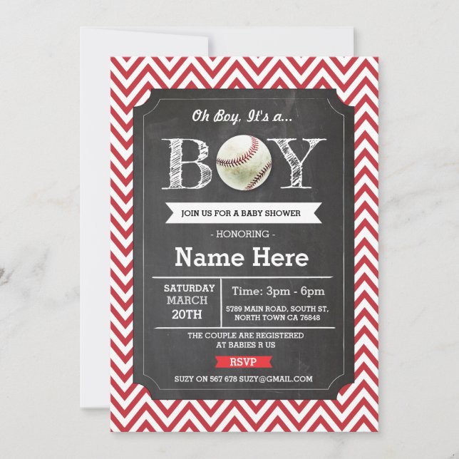 Baseball Red Boy Baby Shower Chevron Invite (Front)