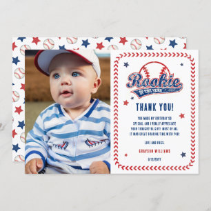 Baseball Rookie 1st Birthday Party Photo Thank You Card