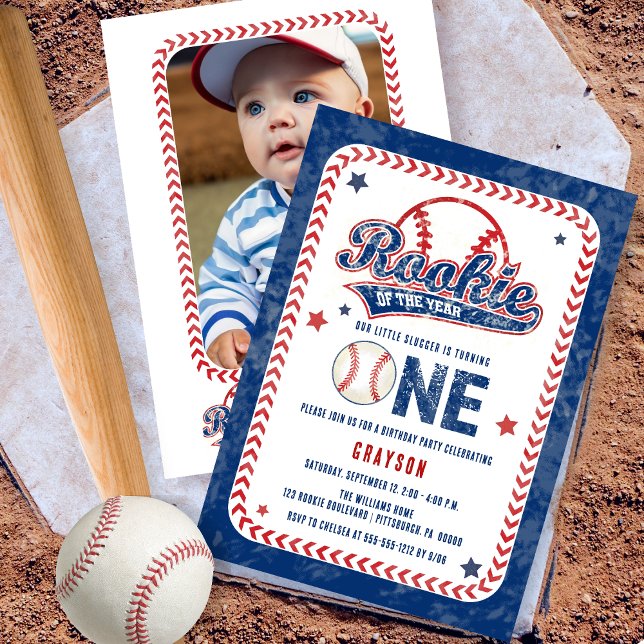 Baseball Rookie Back Photo 1st Birthday Party  Invitation (Baseball Rookie of the Year Boy's 1st Birthday Party Photo Invitation)
