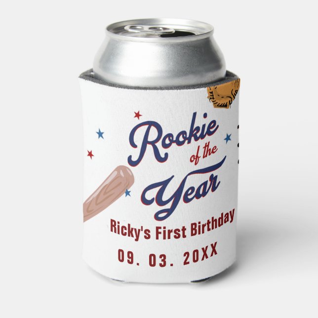 Baseball Rookie of the Year Baseball 1st Birthday Can Cooler (Can Back)