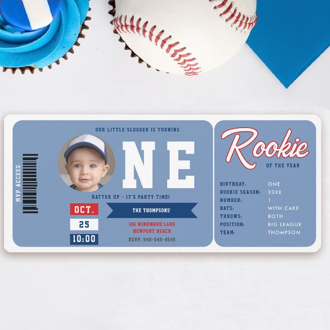 Baseball Rookie Stats Blue Ticket Boy 1st Birthday Invitation (baseball 1st birthday invite boy little slugger rookie of the year player stats blue ticket template)