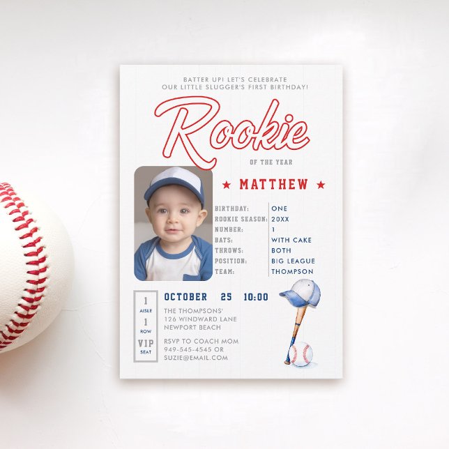 Baseball Rookie Stats Fun Photo Boy 1st Birthday Invitation (rookie of the year 1st birthday invite boy baseball theme sports player stats card ticket blue red)