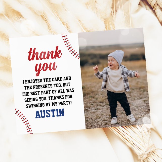 Baseball Rookie Year Boy 1st Birthday Photo Thank You Card (Creator Uploaded)