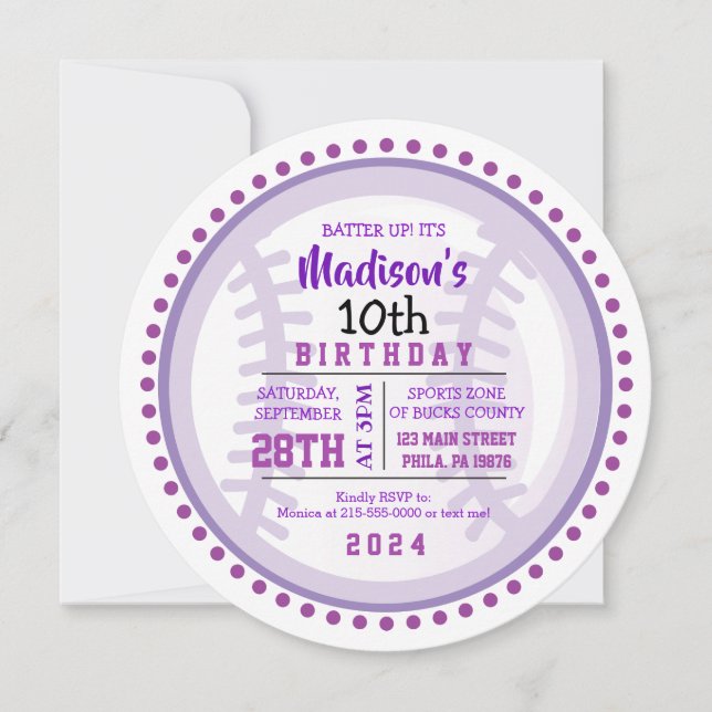 BASEBALL ROUND Purple Birthday Party Invitation (Front)