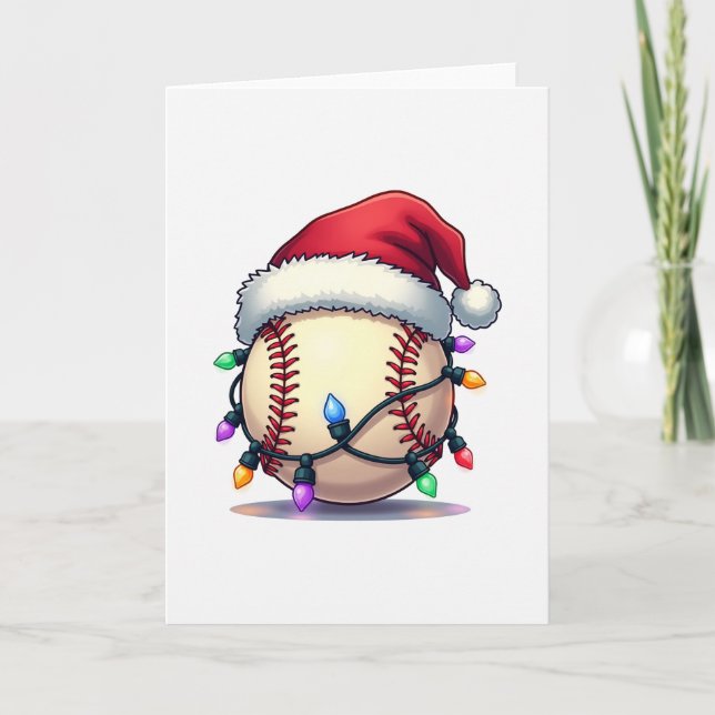 Baseball Santa Hat Holiday Lights Card (Front)