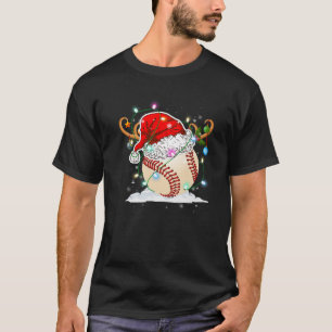 Baseball Santa Hat Reindeer Christmas Lights Funny T-Shirt