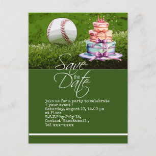 Baseball save the date on green grass postcard