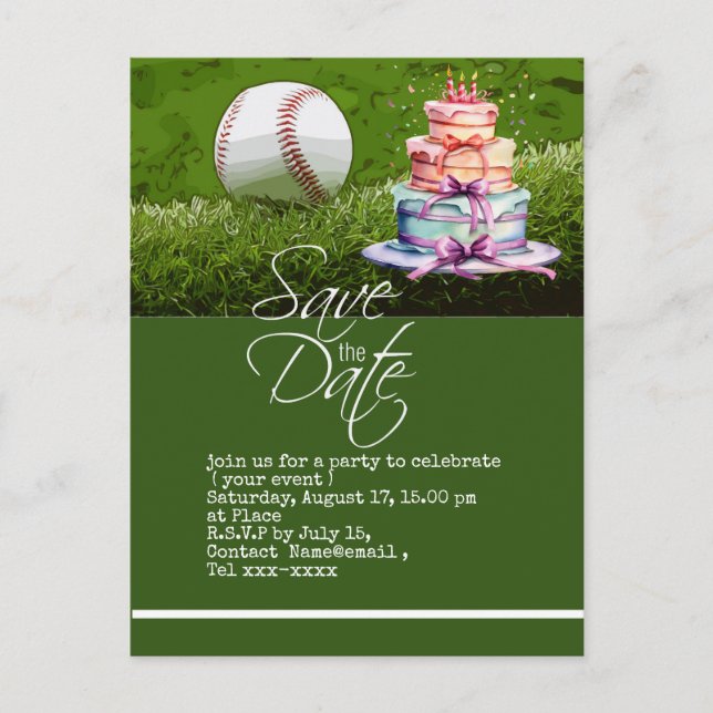 Baseball save the date on green grass postcard (Front)