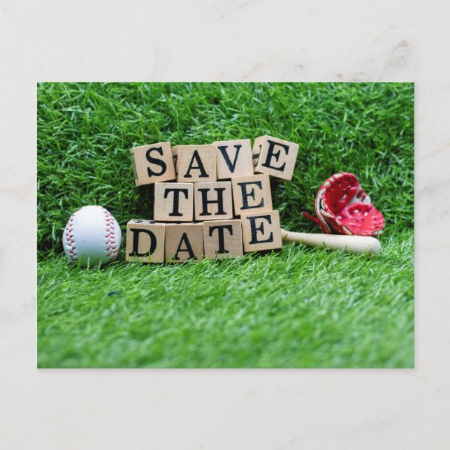 Baseball Save the date with ball and bat on green Postcard (Front)