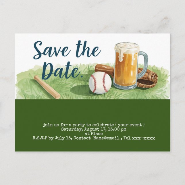 Baseball save the date with Glass of Beer  Postcard (Front)